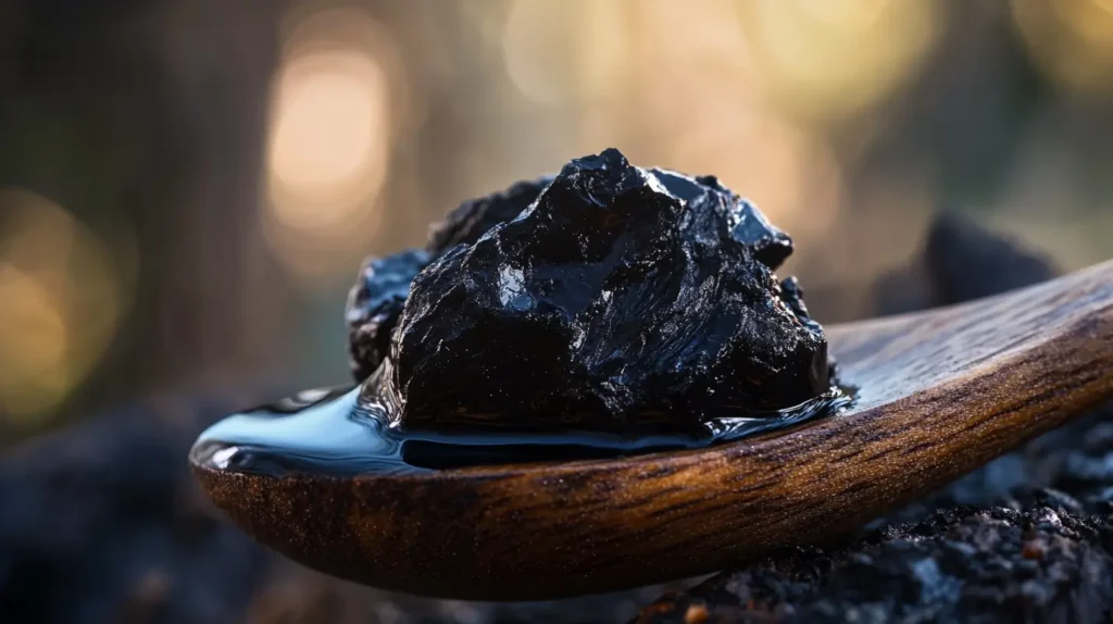 cette photo montre les bienfaits du shilajit, on y voit une résine brute ans une cuillère en bois