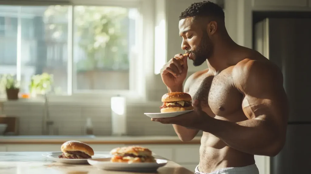 hygiène de vie fatigue cette image montre un homme qui mange un hamburger